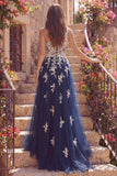 One Shoulder A-Line Tulle Corset Navy Floral Long Ball Dress with Appliques