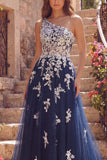 One Shoulder A-Line Tulle Corset Navy Floral Long Ball Dress with Appliques