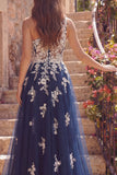 One Shoulder A-Line Tulle Corset Navy Floral Long Ball Dress with Appliques