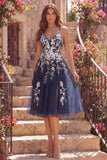 Navy A-Line Spaghetti Straps Floral Midi Dress with Slit