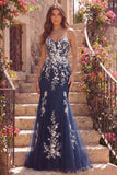 Navy Sweetheart Mermaid Floral Long Ball Dress with Appliques