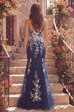 Navy Sweetheart Mermaid Floral Long Ball Dress with Appliques