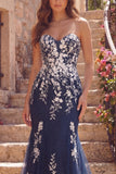 Navy Sweetheart Mermaid Floral Long Ball Dress with Appliques