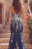 Navy Sweetheart Mermaid Floral Long Ball Dress with Appliques