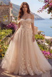 Champagne A-Line Off the Shoulder Corset Long Ball Dress with Appliques