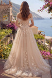 Champagne A-Line Off the Shoulder Corset Long Ball Dress with Appliques