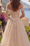 Champagne A-Line Off the Shoulder Corset Long Ball Dress with Appliques