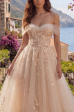 Champagne A-Line Off the Shoulder Corset Long Ball Dress with Appliques