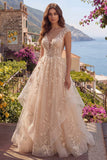 Champagne A-Line Backless Ruffle Long Ball Dress with Appliques