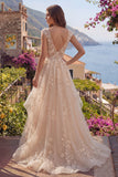 Champagne A-Line Backless Ruffle Long Ball Dress with Appliques