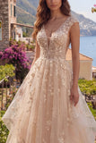 Champagne A-Line Backless Ruffle Long Ball Dress with Appliques