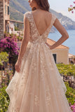 Champagne A-Line Backless Ruffle Long Ball Dress with Appliques