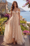 Off the Shoulder Champagne A-Line Corset Long Ball Dress with Appliques