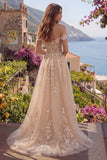 Off the Shoulder Champagne A-Line Corset Long Ball Dress with Appliques
