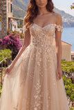 Off the Shoulder Champagne A-Line Corset Long Ball Dress with Appliques