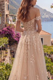 Off the Shoulder Champagne A-Line Corset Long Ball Dress with Appliques