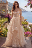 Champagne A-Line Off the Shoulder Floral Corset Long Ball Dress with Ruffles