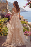 Champagne A-Line Off the Shoulder Floral Corset Long Ball Dress with Ruffles