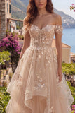 Champagne A-Line Off the Shoulder Floral Corset Long Ball Dress with Ruffles
