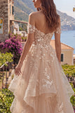 Champagne A-Line Off the Shoulder Floral Corset Long Ball Dress with Ruffles