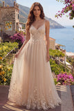 Champagne A-Line Tulle Floral Long Ball Dress with Appliques