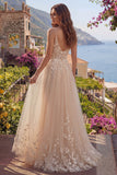 Champagne A-Line Tulle Floral Long Ball Dress with Appliques