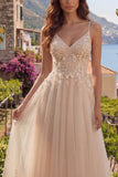 Champagne A-Line Tulle Floral Long Ball Dress with Appliques