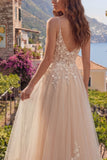 Champagne A-Line Tulle Floral Long Ball Dress with Appliques