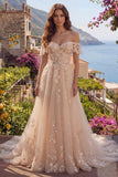 A-Line Tulle Champagne Off the Shoulder Corset Long Ball Dress with Appliques