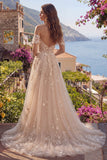 A-Line Tulle Champagne Off the Shoulder Corset Long Ball Dress with Appliques