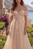 A-Line Tulle Champagne Off the Shoulder Corset Long Ball Dress with Appliques