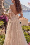 A-Line Tulle Champagne Off the Shoulder Corset Long Ball Dress with Appliques