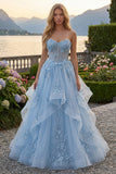 Blue A-Line Sweetheart Corset Appliqued Long Ball Dress with Beading