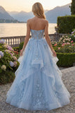 Blue A-Line Sweetheart Corset Appliqued Long Ball Dress with Beading