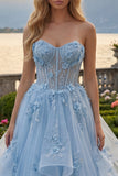 Blue A-Line Sweetheart Corset Appliqued Long Ball Dress with Beading
