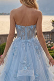 Blue A-Line Sweetheart Corset Appliqued Long Ball Dress with Beading