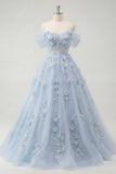 Blue A-Line Off the Shoulder Corset Beaded Long Ball Dress with Appliqued 3D Flowers