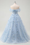Blue A-Line Off the Shoulder Corset Beaded Long Ball Dress with Appliqued 3D Flowers