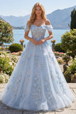 Blue A-Line Off the Shoulder Corset Beaded Long Ball Dress with Appliqued 3D Flowers