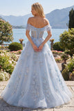 Blue A-Line Off the Shoulder Corset Beaded Long Ball Dress with Appliqued 3D Flowers