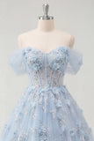 Blue A-Line Off the Shoulder Corset Beaded Long Ball Dress with Appliqued 3D Flowers