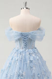 Blue A-Line Off the Shoulder Corset Beaded Long Ball Dress with Appliqued 3D Flowers
