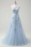 A-Line One Shoulder Blue Corset Appliqued Long Ball Dress with Beading
