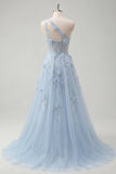 A-Line One Shoulder Blue Corset Appliqued Long Ball Dress with Beading