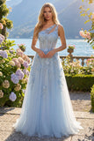 A-Line One Shoulder Blue Corset Appliqued Long Ball Dress with Beading