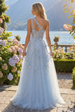 A-Line One Shoulder Blue Corset Appliqued Long Ball Dress with Beading