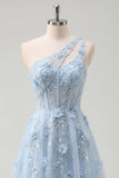 A-Line One Shoulder Blue Corset Appliqued Long Ball Dress with Beading