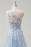 A-Line One Shoulder Blue Corset Appliqued Long Ball Dress with Beading