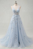 A-Line Blue V-Neck Beaded Corset Appliqued Long Ball Dress with Slit