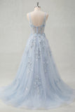 A-Line Blue V-Neck Beaded Corset Appliqued Long Ball Dress with Slit